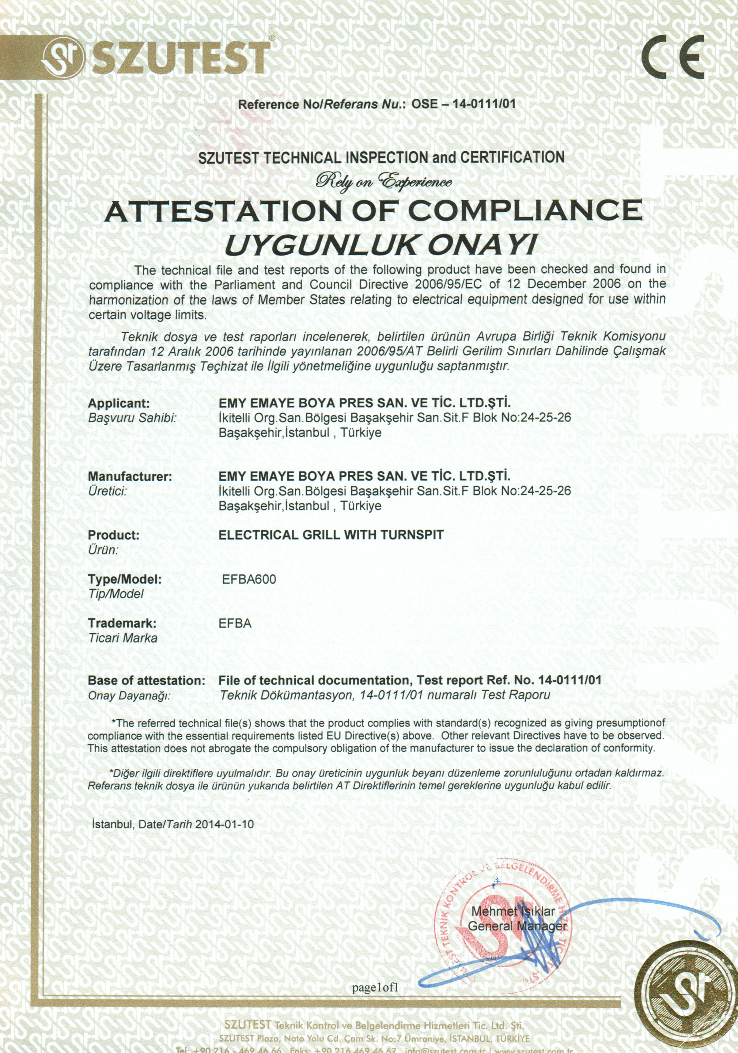 EFBA Electrical Home Appliances - Certificates